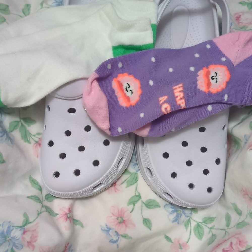 White Croc Like Sandals with Fun Socks